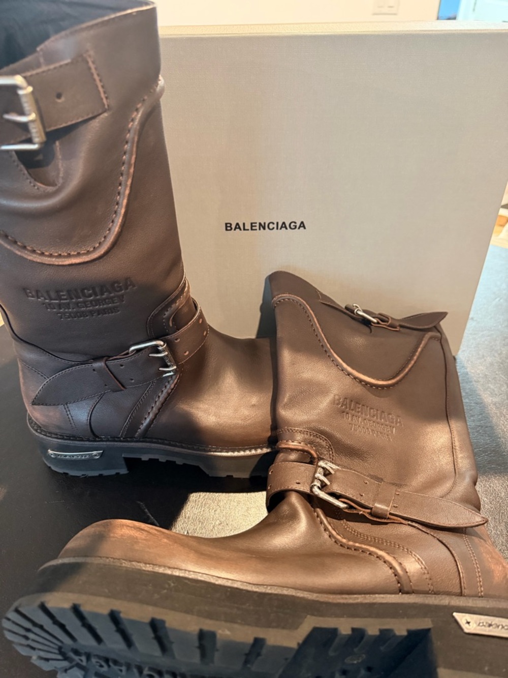 Balenciaga Brown Leather Engineer Boots with Buckles